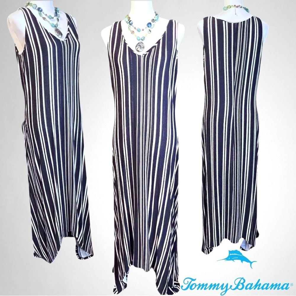 Tommy Bahama Anoche Sleeveless Stripe Shift HI-LOW Maxi Dress Sz M - Picture 2 of 14